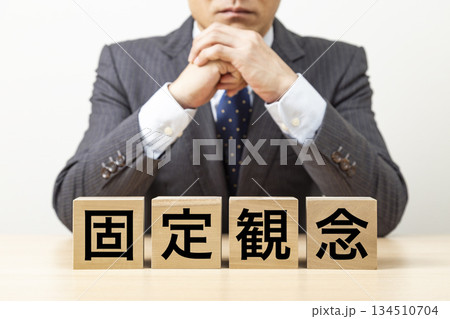 「固定観念」と書かれたブロックとビジネスマン 「固定観念」と書かれたブロックとビジネスマン 134510704