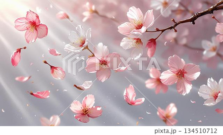 桜の花びらがひらひら舞い落ちるモーション風 134510712