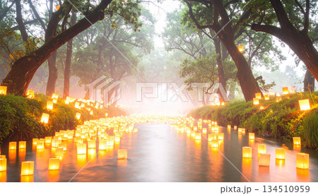 Floating Lanterns Down River at Dusk. Autumn Equinox Day concept. Generated Image 134510959