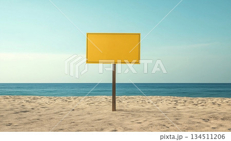 Placard yellow blank mockup on beach with marine and sky background 134511206
