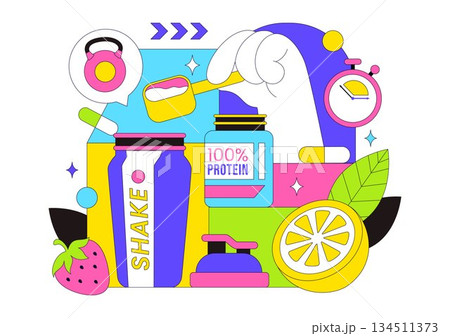 Protein Supplements Vector Illustration Featuring Healthy Food, Protein Powders, Fitness Workouts Supporting Nutrition And Body Vitamins 134511373