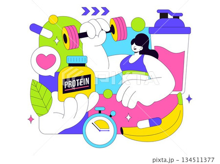 Protein Supplements Vector Illustration Featuring Healthy Food, Protein Powders, Fitness Workouts Supporting Nutrition And Body Vitamins 134511377