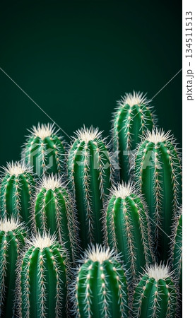 Green cactus desert plant group closeup on matte dark background 134511513