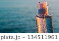 夕暮れの海を背景に瑞々しい水滴がついた透明なスキンケア用化粧水ボトル 134511961