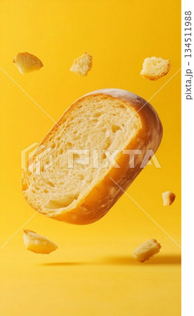 Loaf wheat bread slice floating on air with crumbs story solid background 134511988