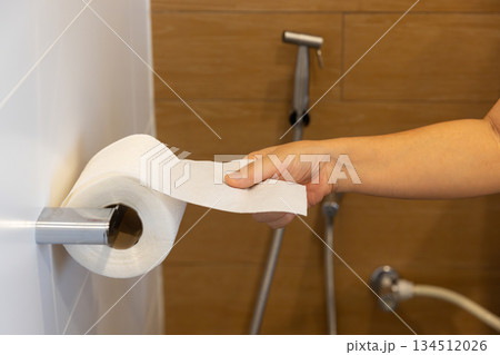 Close up of woman hand pulling toilet paper in holder. 134512026