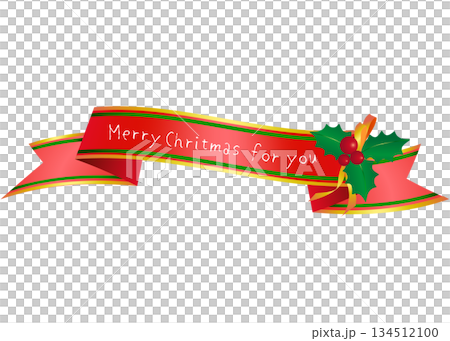 Red Christmas ribbon illustration with a white Merry Christmas message banner 134512100