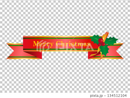 聖誕絲帶插圖，一條絲帶上印有金色“聖誕快樂”字樣，橫幅材料 134512104