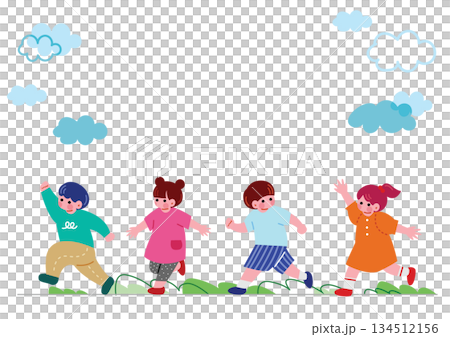 Illustration of a child running happily with friends 134512156
