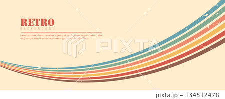 Stripe rainbow groovy. Artistic backdrop with playful geometric arches on beige. Vintage wallpaper and modern graphic layouts. Retro vector illustration 134512478