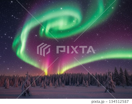 冬の空にかかるオーロラ 134512587
