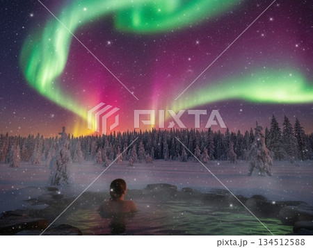 冬の空にかかるオーロラ 134512588