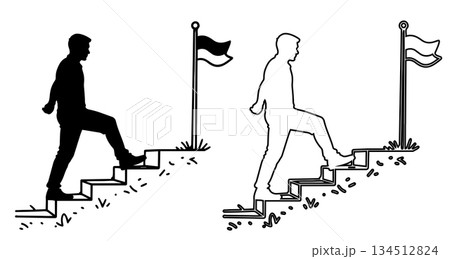 Silhouette Man Climbing Stairs to Flag on Top 134512824