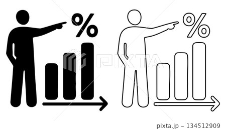 Title: Two businessmen pointing at bar charts with percentage symbols indicating growth and success 134512909