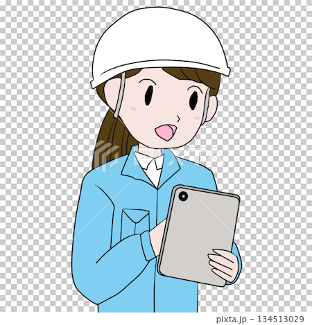 Illustration of a female worker wearing a helmet and operating a tablet Illustration of a female worker wearing a helmet and operating a tablet 134513029