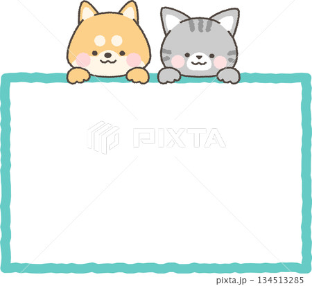ひょっこり顔を出す犬と猫のフレーム 134513285