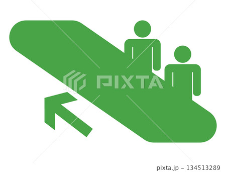 エスカレーターに乗る人々のピクトグラム　上昇　緑 134513289