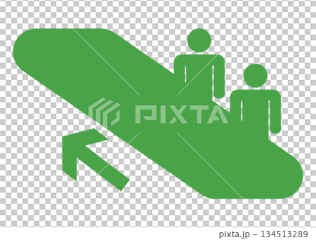 エスカレーターに乗る人々のピクトグラム　上昇　緑 134513289