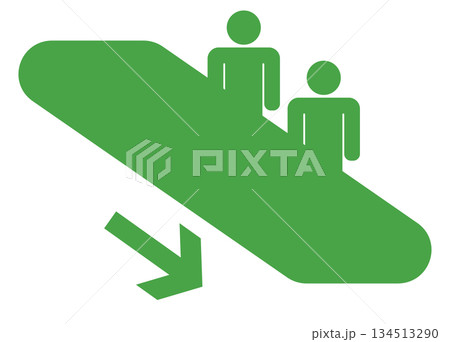 エスカレーターに乗る人々のピクトグラム　下降　緑 134513290