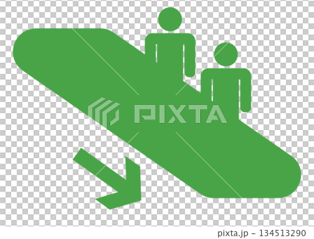 エスカレーターに乗る人々のピクトグラム　下降　緑 134513290