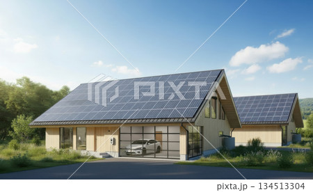 ソーラーパネルのある住宅 134513304