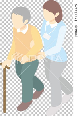 アイソメトリック：介護士による歩行介助を受ける高齢者、杖をついて歩くシニア 134513329