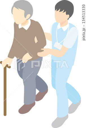 アイソメトリック：介護士による歩行介助を受ける高齢者、杖をついて歩くシニア 134513330