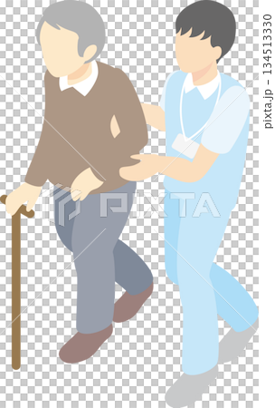 アイソメトリック：介護士による歩行介助を受ける高齢者、杖をついて歩くシニア 134513330