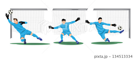 Goalkeeper is saving the ball, Set of football or soccer player cartoon characters, Flat design, Isolated on white background, Vector illustration Goalkeeper is saving the ball, Set of football or soccer player cartoon characters, Flat design, Isolated on white background, Vector illustration 134513334