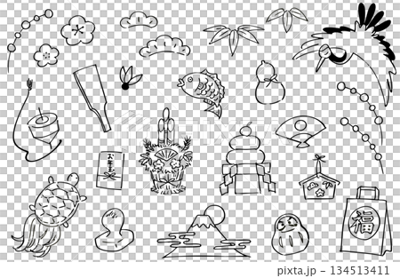 New Year's lucky charm hand-drawn illustration set_line drawing New Year's lucky charm hand-drawn illustration set_line drawing 134513411