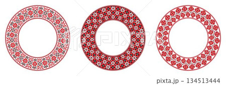 Set of decorative plates with Ukrainian folk pattern. Ethnic  embroidery ornaments. Ethnic border. Traditional folk embroidery frame. Ukrainian, Belarusian, Bulgarian, Slavic embroidery. Cross stitch. 134513444