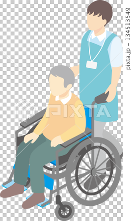 Isometric illustration material of a helper and a senior assisting with wheelchair mobility, welfare and medical care Isometric illustration material of a helper and a senior assisting with wheelchair mobility, welfare and medical care 134513549