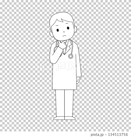白衣を着て聴診器を肩から下げ、あごに指を当てて考えている男性医師の白黒線画イラスト 白衣を着て聴診器を肩から下げ、あごに指を当てて考えている男性医師の白黒線画イラスト 134513758