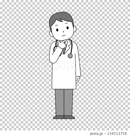 白衣を着て聴診器を肩から下げ、あごに指を当てて考えている男性医師のモノクロイラスト 134513759