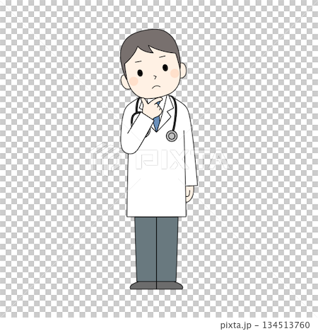 A color illustration of a male doctor wearing a white coat, a stethoscope hanging from his shoulder, and thinking with his finger on his chin 134513760