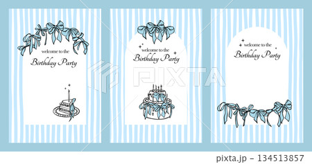 Birthday invitations set in coquette style. Hand-drawn Vintage templates with bows, bday cake and in blue color. Cute stylish party invitation designs for print or web use. 134513857