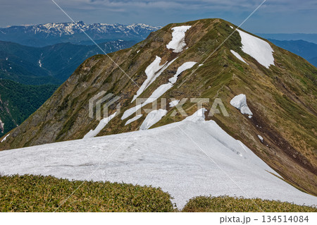谷川連峰・一ノ倉岳から見る残雪の茂倉岳と苗場山 谷川連峰・一ノ倉岳から見る残雪の茂倉岳と苗場山 134514084