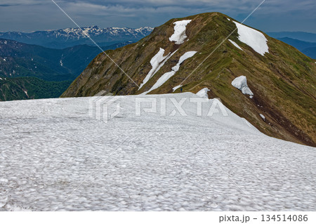 谷川連峰・一ノ倉岳稜線の雪渓と茂倉岳・苗場山の眺め 134514086