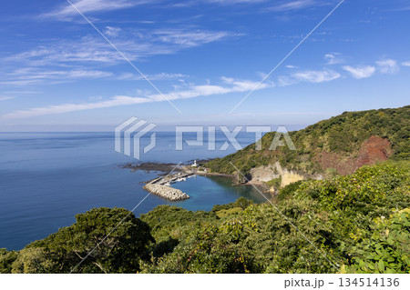 長崎県新上五島町の白草公園からのぞむ赤ガキ断崖と漁港の風景 134514136