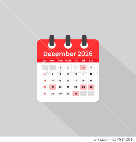 December 2026 calendar icon with long shadow. Flat style red daily planner vector illustration 134514201