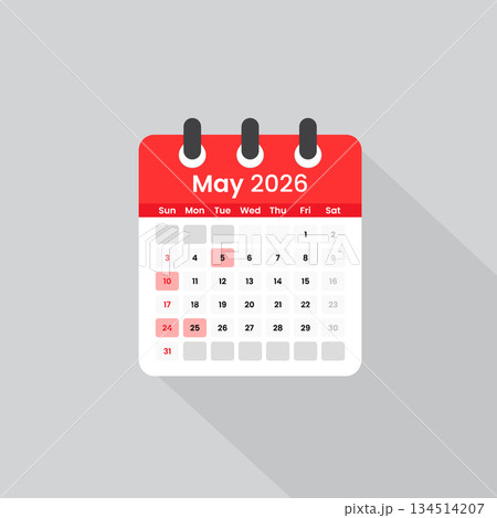 May 2026 calendar icon with long shadow. Flat style red daily planner vector illustration 134514207