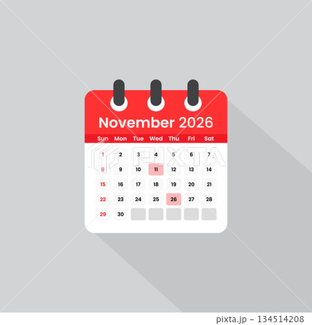 November 2026 calendar icon with long shadow. Flat style red daily planner vector illustration November 2026 calendar icon with long shadow. Flat style red daily planner vector illustration 134514208
