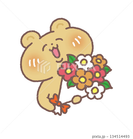 花束を持ったかわいい笑顔のクマ 134514493