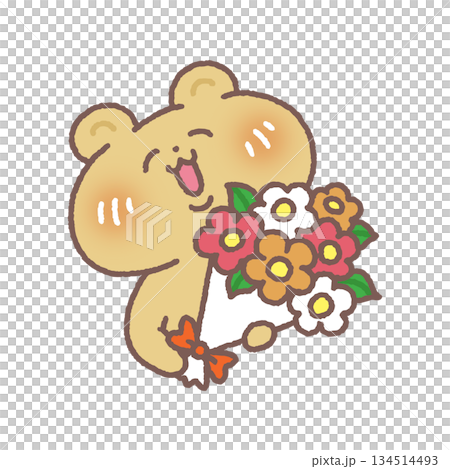 花束を持ったかわいい笑顔のクマ 134514493