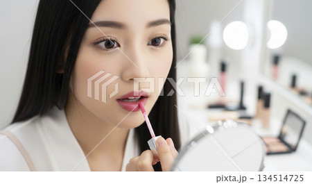 ピンクのリップグロスを塗る女性 ピンクのリップグロスを塗る女性 134514725