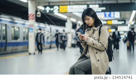 スーツケースの上に座り電車を待つ女性 134514741