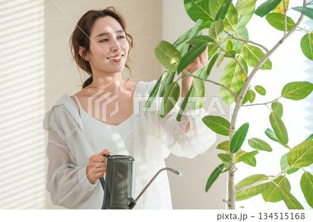 観葉植物医インテリアグリーンに水やりをする若いアジア人女性 観葉植物医インテリアグリーンに水やりをする若いアジア人女性 134515168