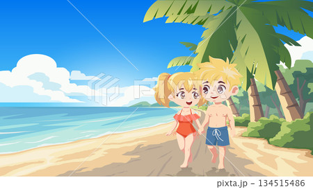 Cute cartoon couple walking hand in hand on a tropical beach. Happy young lovers enjoying summer vacation by the sea. Vector illustration of romantic holiday for banner background. 134515486
