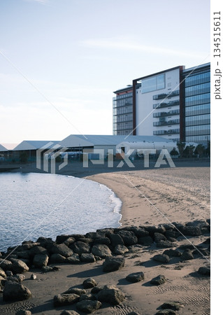 都会の海岸線とモダンな高層ビル群（夕暮れ） 134515611