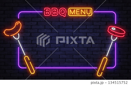 Colorful neon vector frame with BBQ menu lettering and grilled food icons. Designed for restaurant menus, outdoor events, and barbecue nights. Colorful neon vector frame with BBQ menu lettering and grilled food icons. Designed for restaurant menus, outdoor events, and barbecue nights. 134515752